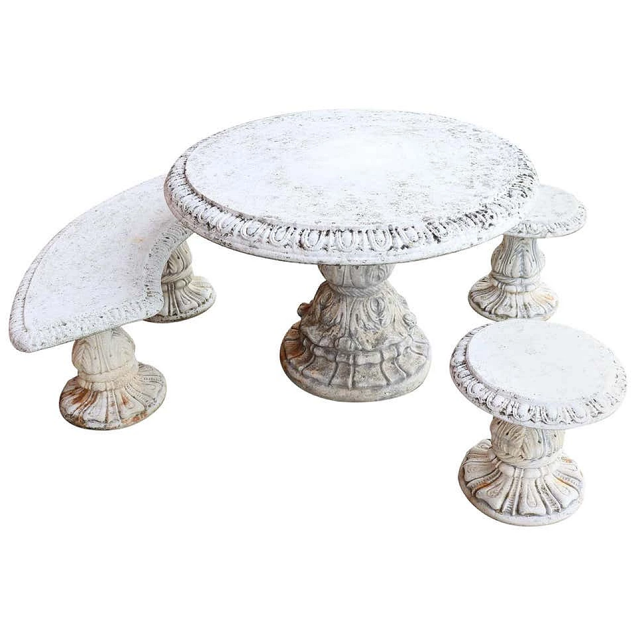 Tavolo, panca e sgabelli in graniglia con decorazioni neoclassiche, inizio '900 1277879