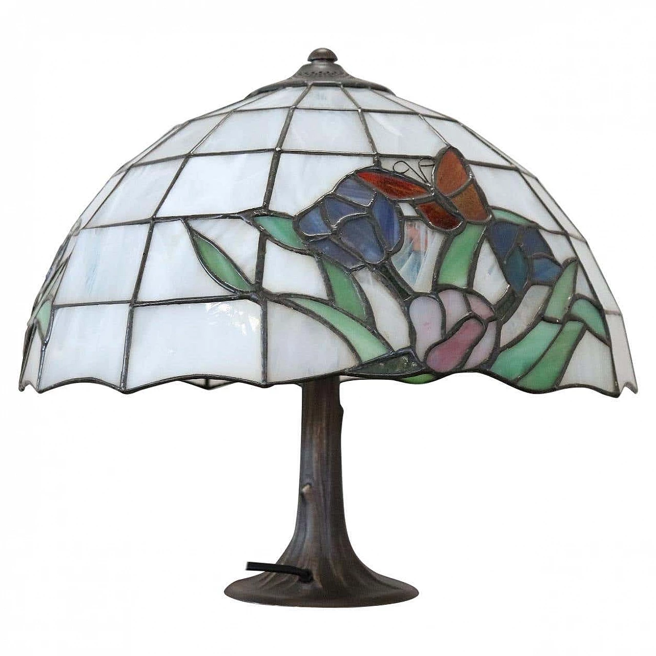 Tiffany style table lamp in bronze and glass, 80s 1277969