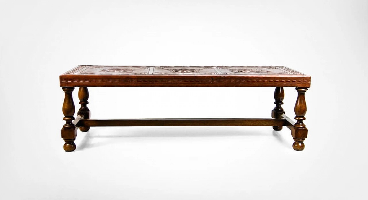 Peruvian coffee table in tooled leather and mahogany, 60s 1278393