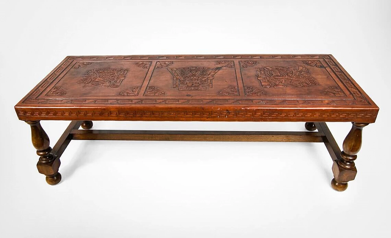 Peruvian coffee table in tooled leather and mahogany, 60s 1278394