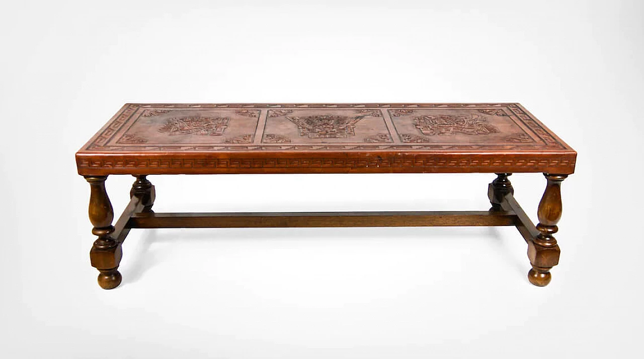 Peruvian coffee table in tooled leather and mahogany, 60s 1278400