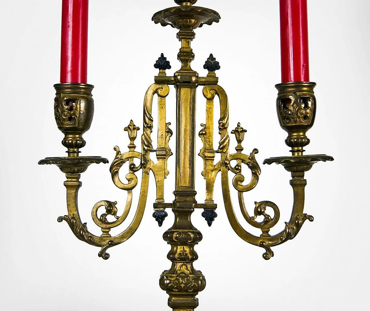 Orologio da camino e coppia di candelabri in ottone e smalto Champlevé di Japy Frere France, '800 1278416