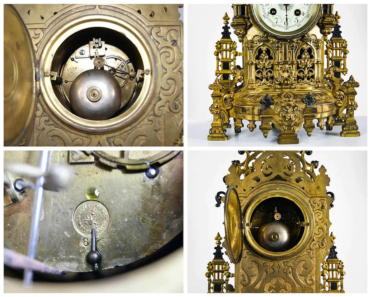 Orologio da camino e coppia di candelabri in ottone e smalto Champlevé di Japy Frere France, '800 1278420