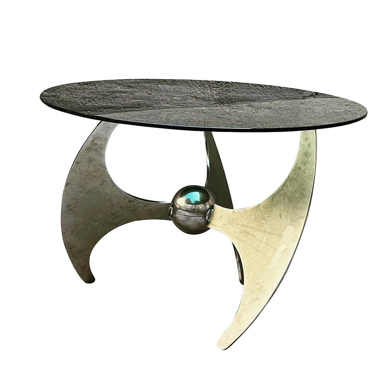 Propeller table adjustable in height in steel and smoked glass by Luciano Campanini for Cama, 70s 1278586
