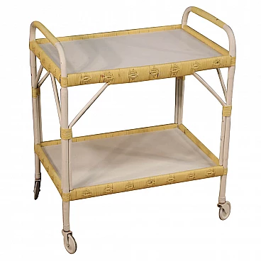 Wood and wicker trolley with two shelves, 80s