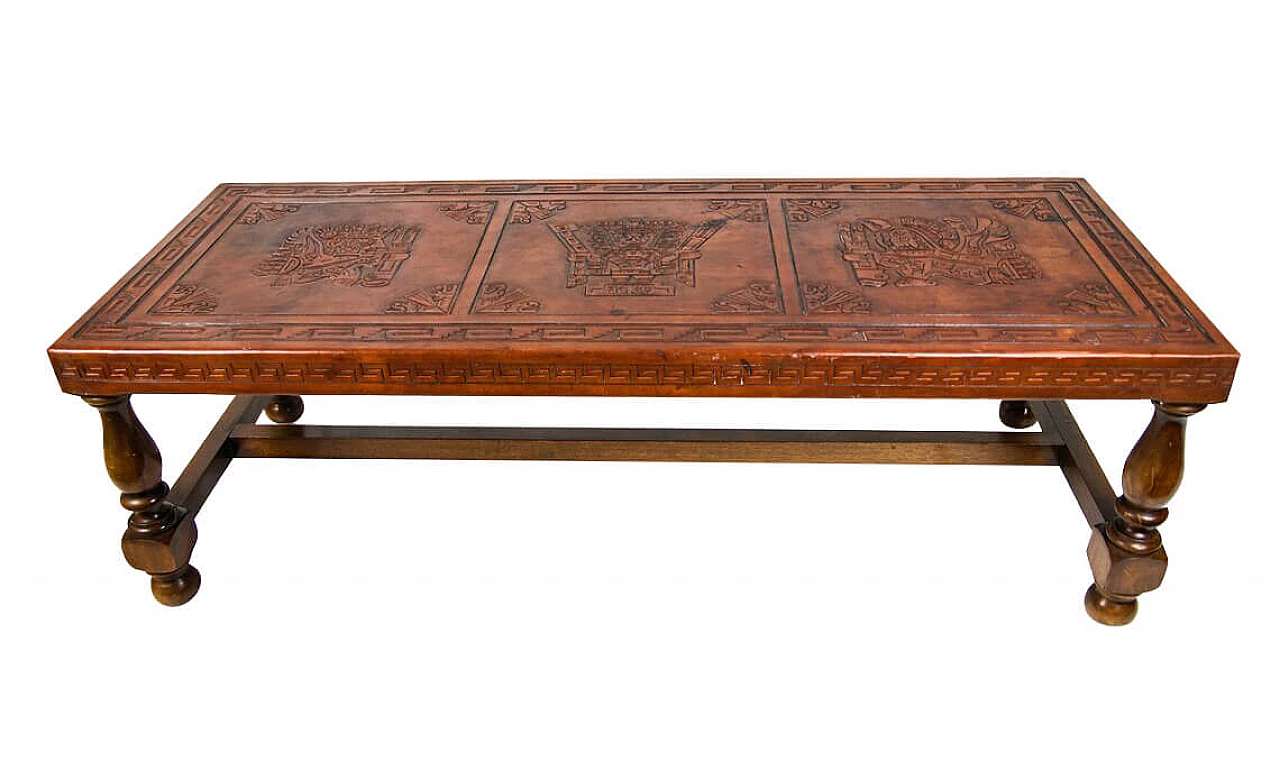 Peruvian coffee table in tooled leather and mahogany, 60s 1278659