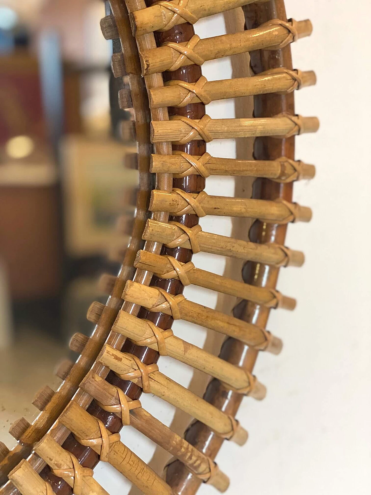 Specchio rotondo in bambù, anni '70 1278920