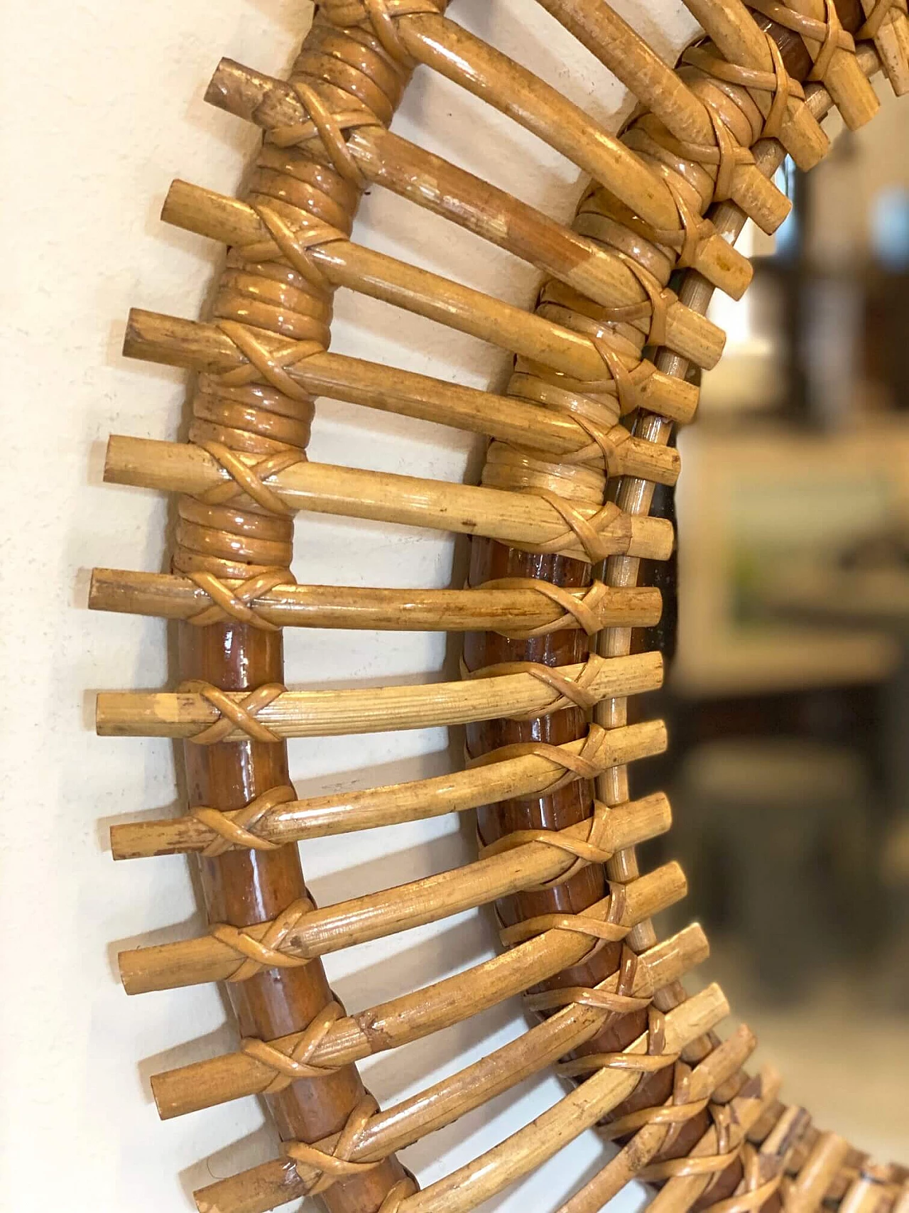 Specchio rotondo in bambù, anni '70 1278940