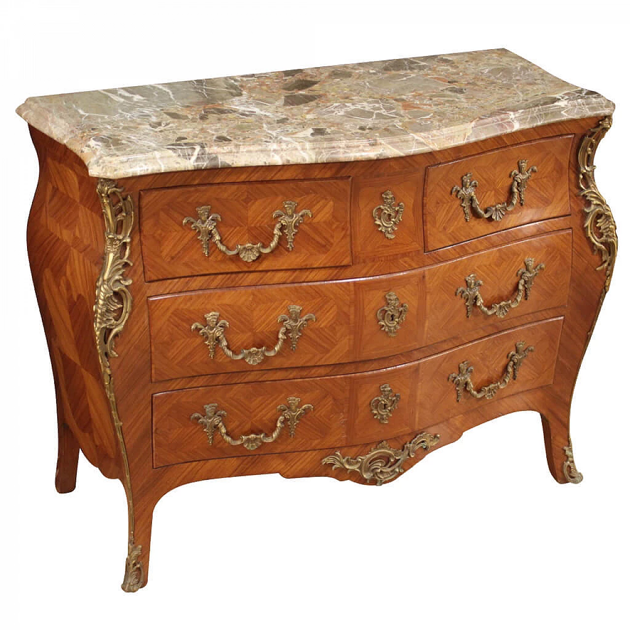 Comò francese intarsiato in stile Luigi XV con piano in marmo 1279248