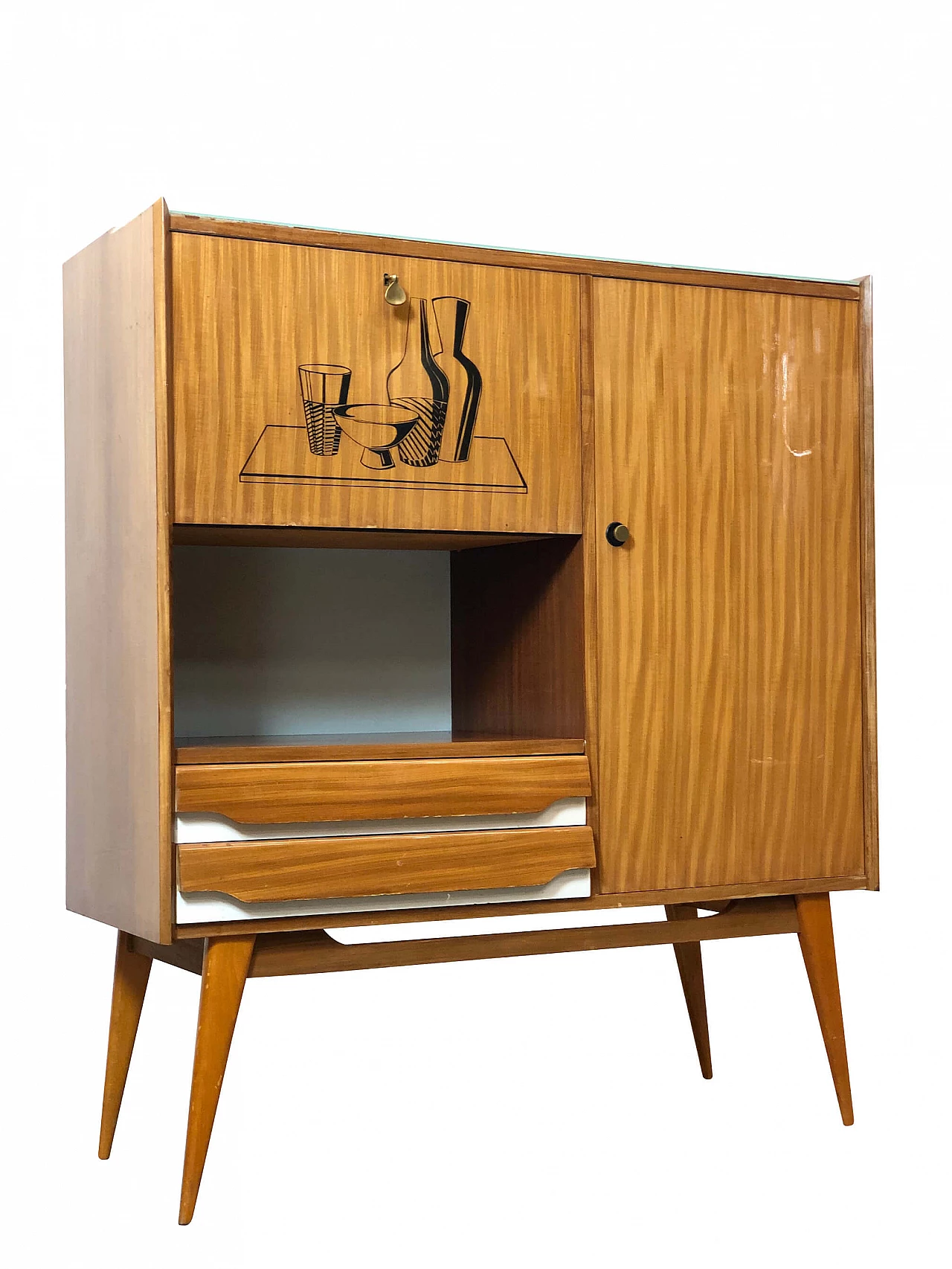 Mobile bar in legno con piano in vetro azzurro, anni '60 1279292