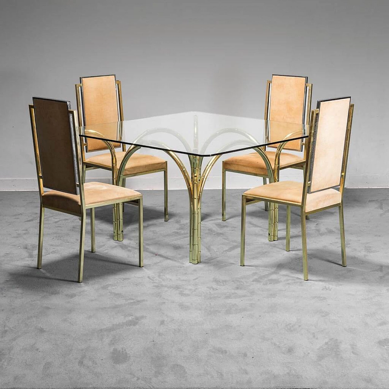 Tavolo da pranzo e 4 sedie con struttura in metallo dorato, anni '70 1279328