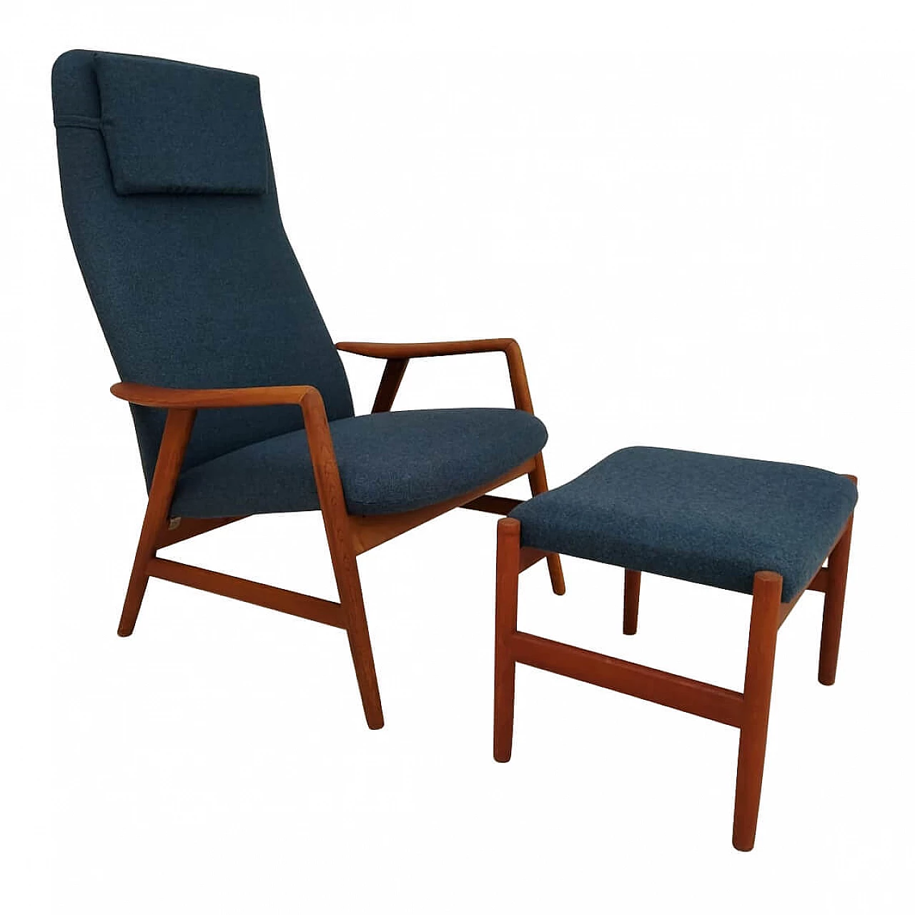 Poltrona e poggiapiedi danese Kontour in lana e teak di Alf Svensson, anni '70 1279741