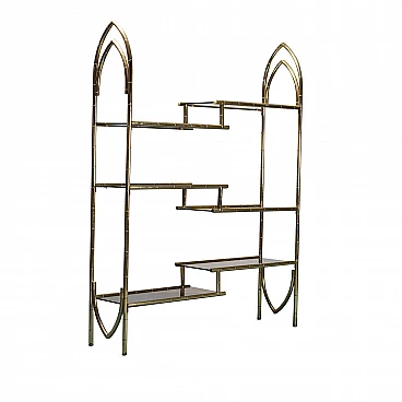 Bookcase in gilded metal and smoked glass, 70s