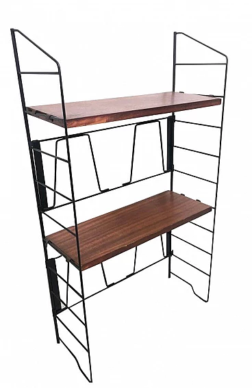 Modular wall-mounted teak veneer bookcase, 60s