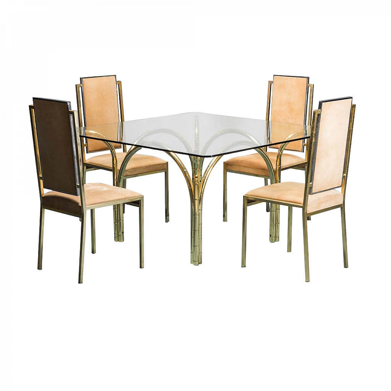 Tavolo da pranzo e 4 sedie con struttura in metallo dorato, anni '70 1279863