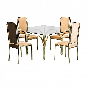 Tavolo da pranzo e 4 sedie con struttura in metallo dorato, anni '70