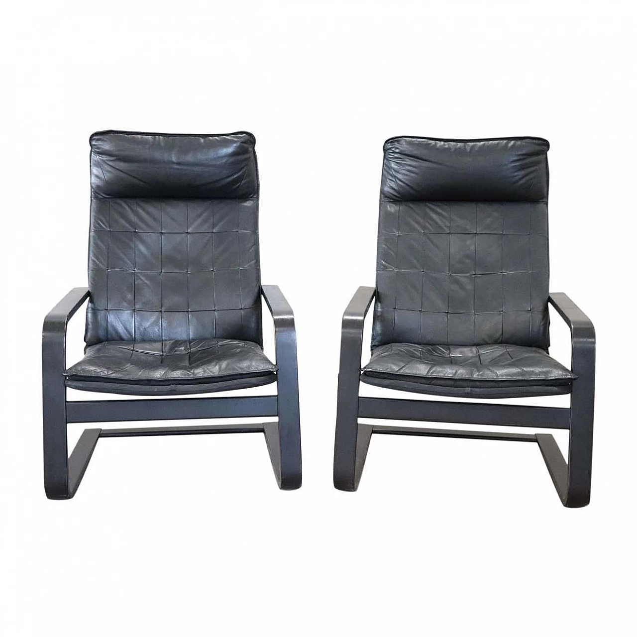 Pair of armchairs in black leather, 70s 1280641
