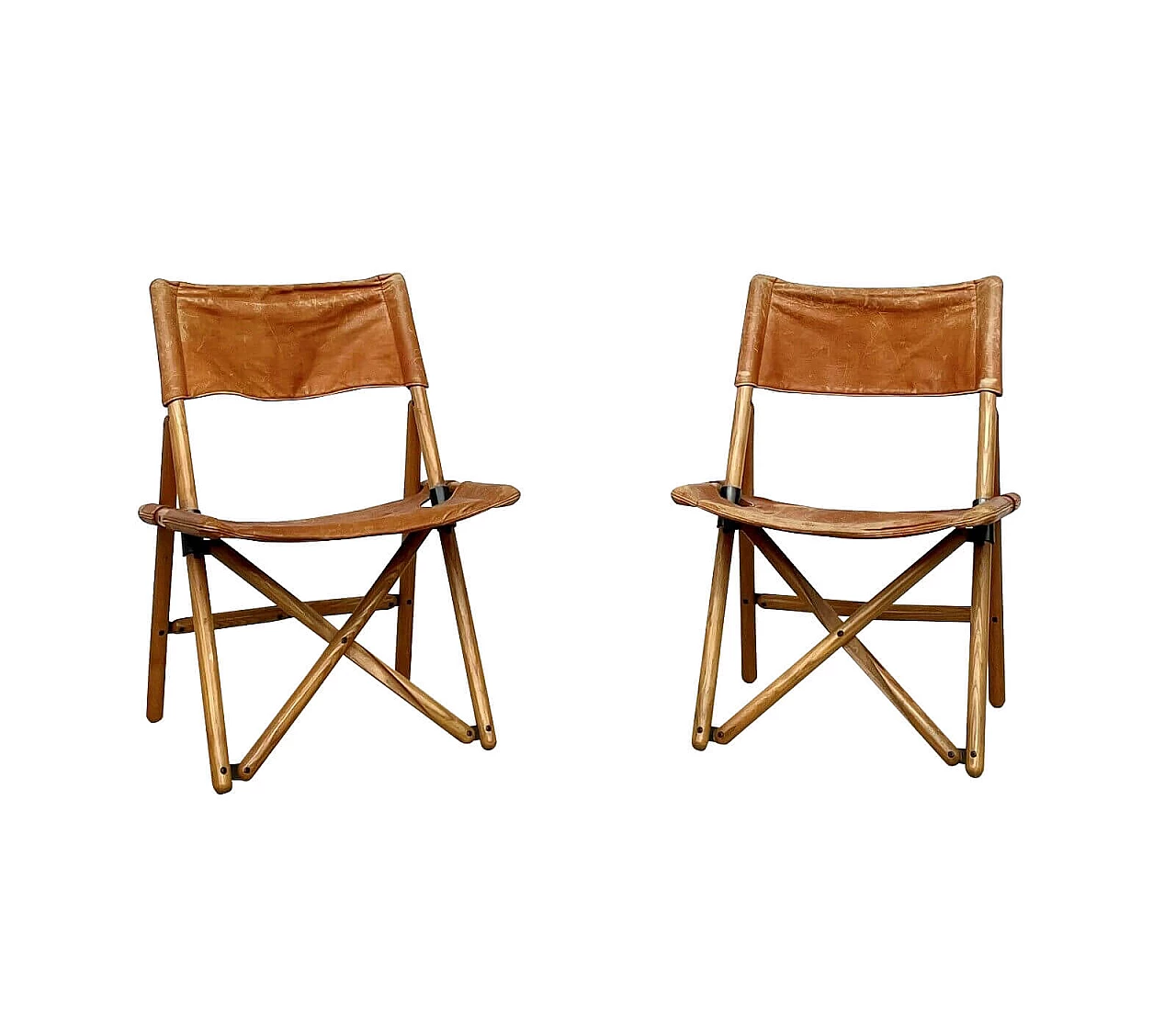 Coppia di sedie pieghevoli Navy in pelle e legno di Sergio Asti per Zanotta, anni '70 1280650