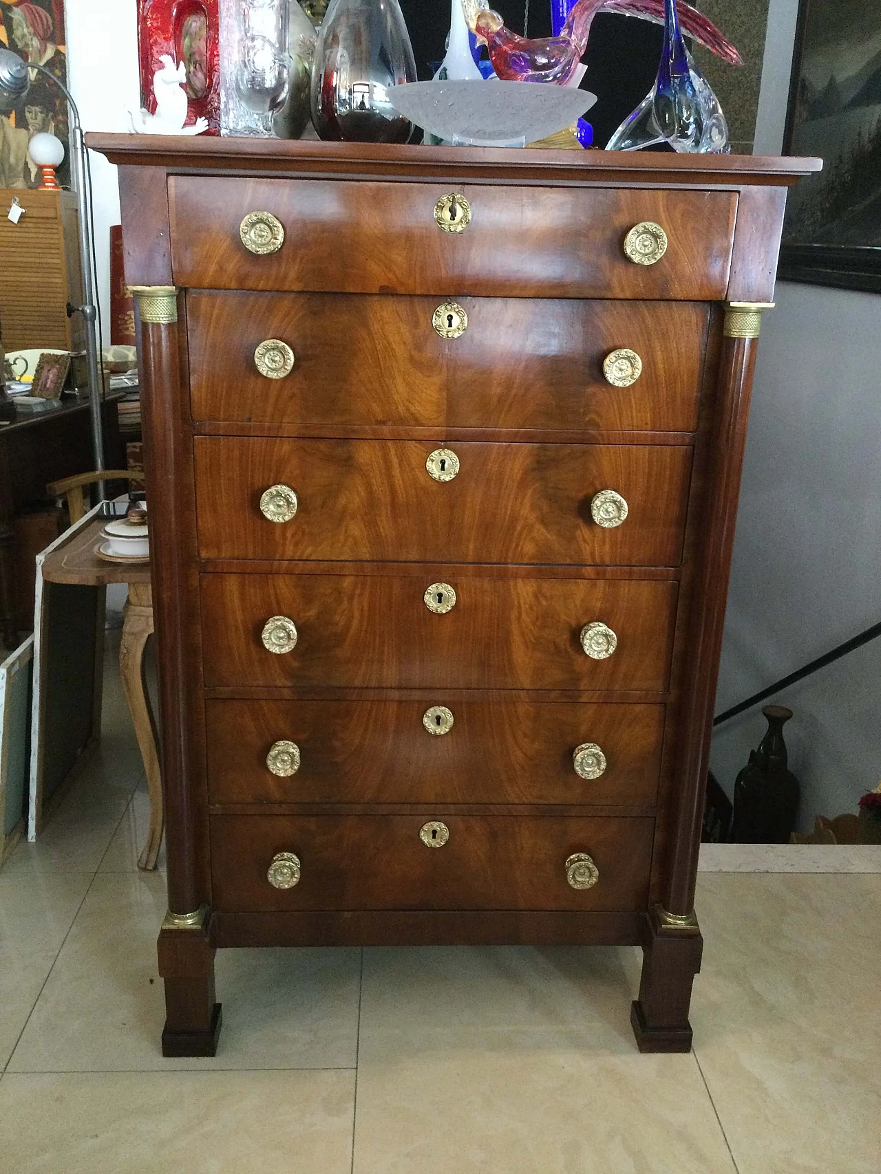Empire chest of drawers in mahogany feathers, 19th century 1282597