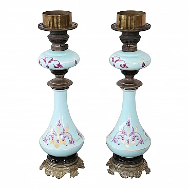 Pair of antique oil table lamps hand painted, '800