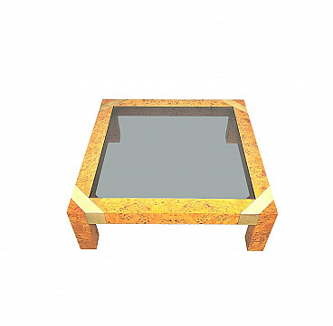 Coffee table in briarwood, brass and glass by Willy Rizzo for Sabot, 70s