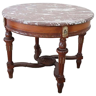 Round walnut table with red marble top, early 20th century