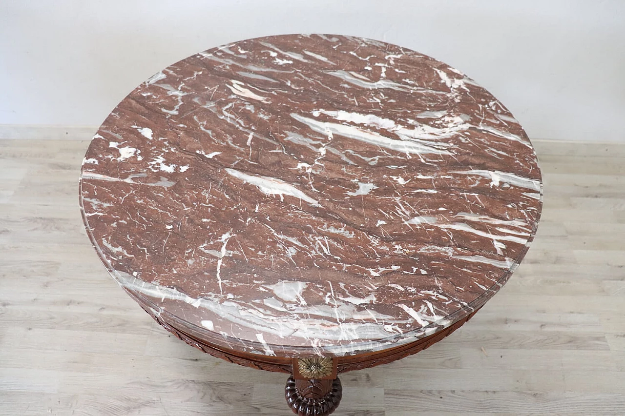 Tavolo rotondo in noce con piano in marmo rosso, inizio '900 1283025