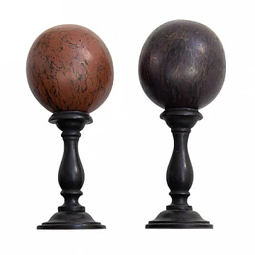 Pair of marbled spheres with pedestals, 1950s