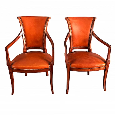Pair of small neoclassical armchairs Empire style in walnut and leather