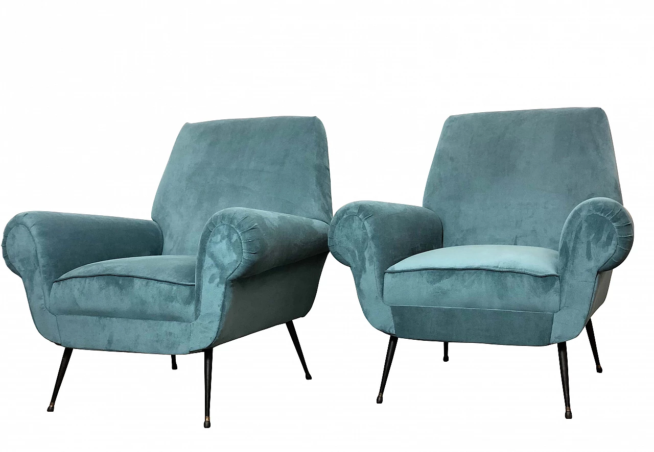Coppia di poltrone in velluto turchese nello stile di Gigi Radice, anni '50 1302012