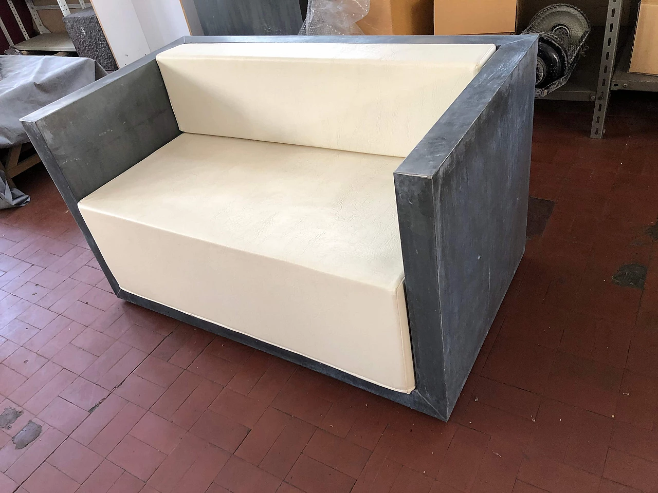 Outdoor sofa in galvanised sheet metal and faux leather cushions, 2000s 1302312