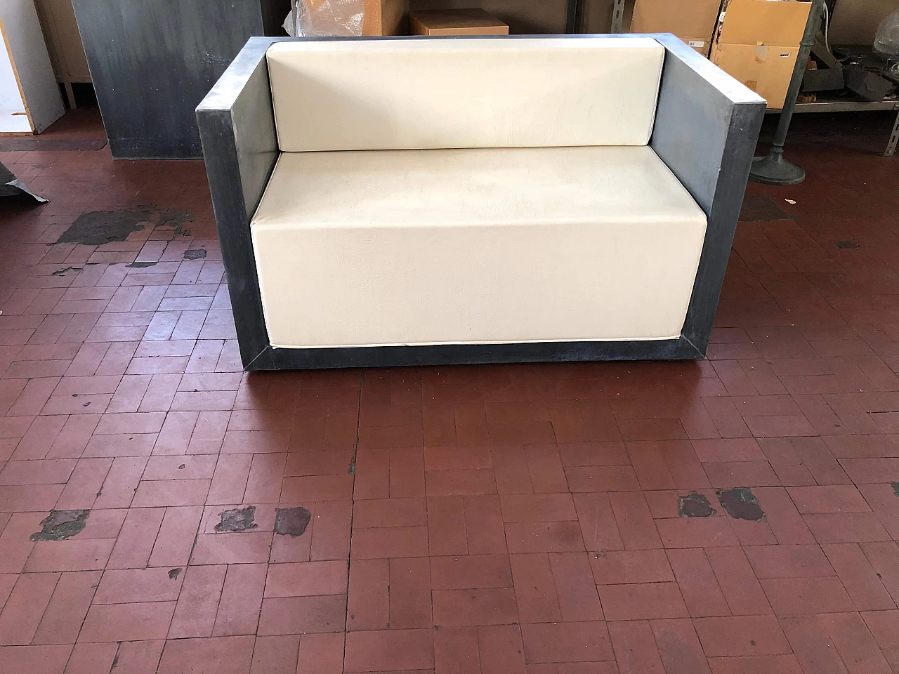 Outdoor sofa in galvanised sheet metal and faux leather cushions, 2000s 1302315