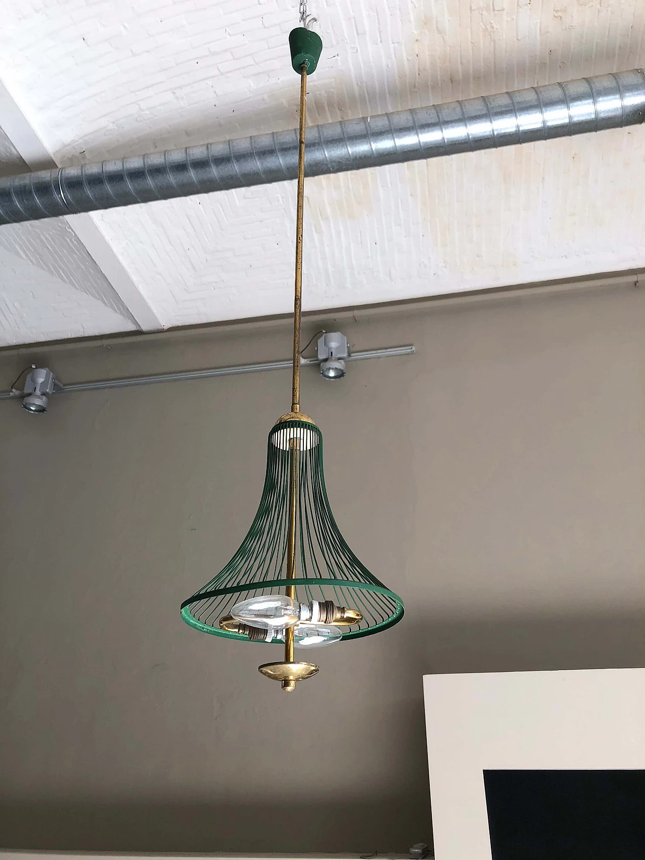 Gilded and green metal ceiling lamp, 1950s 1302418