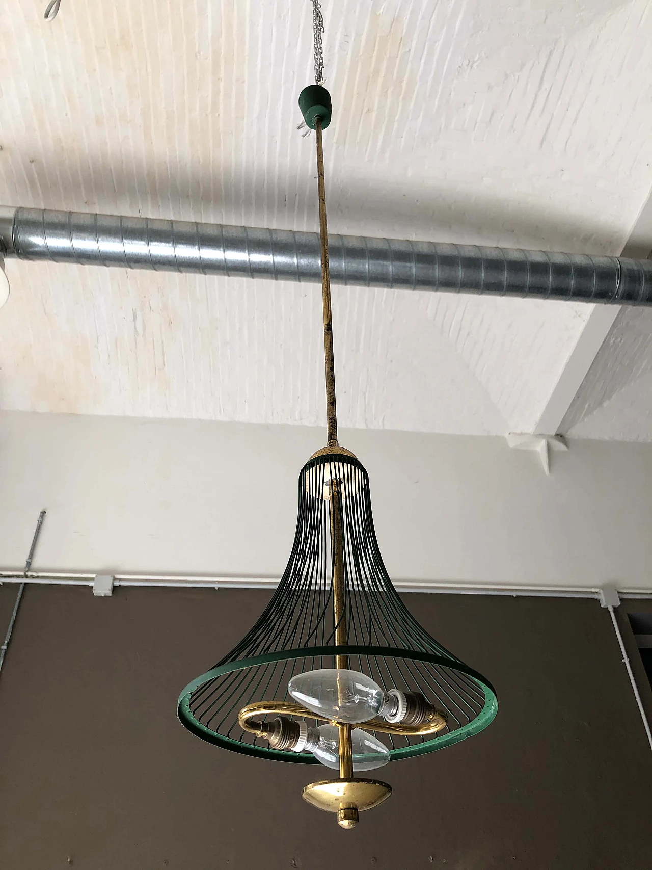 Gilded and green metal ceiling lamp, 1950s 1302420