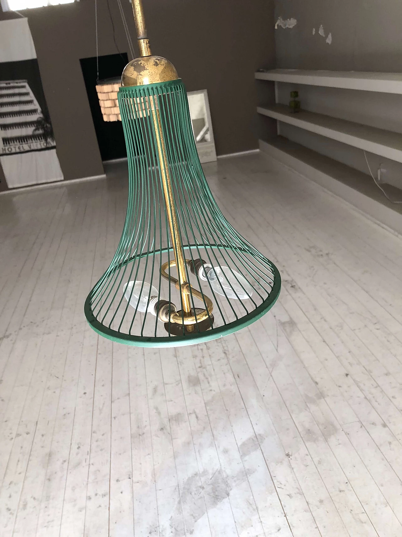 Gilded and green metal ceiling lamp, 1950s 1302421