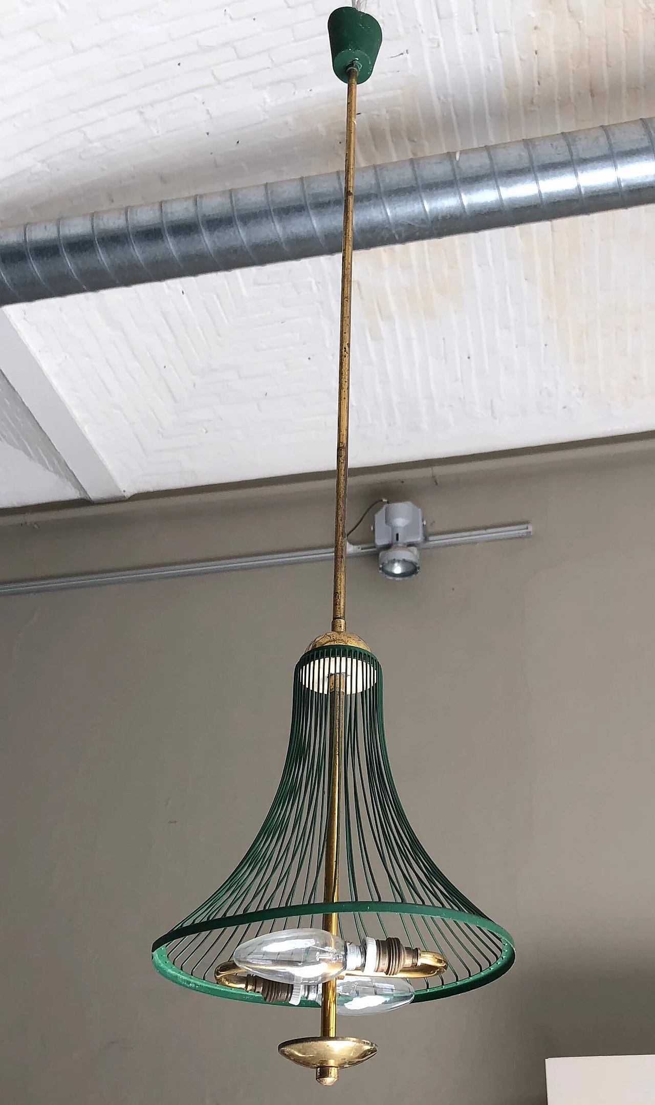 Gilded and green metal ceiling lamp, 1950s 1302423