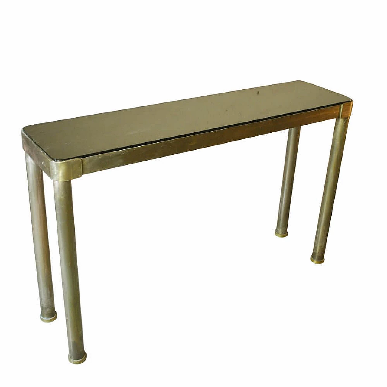 Console in brass with top in smoked glass, 70s 1302897