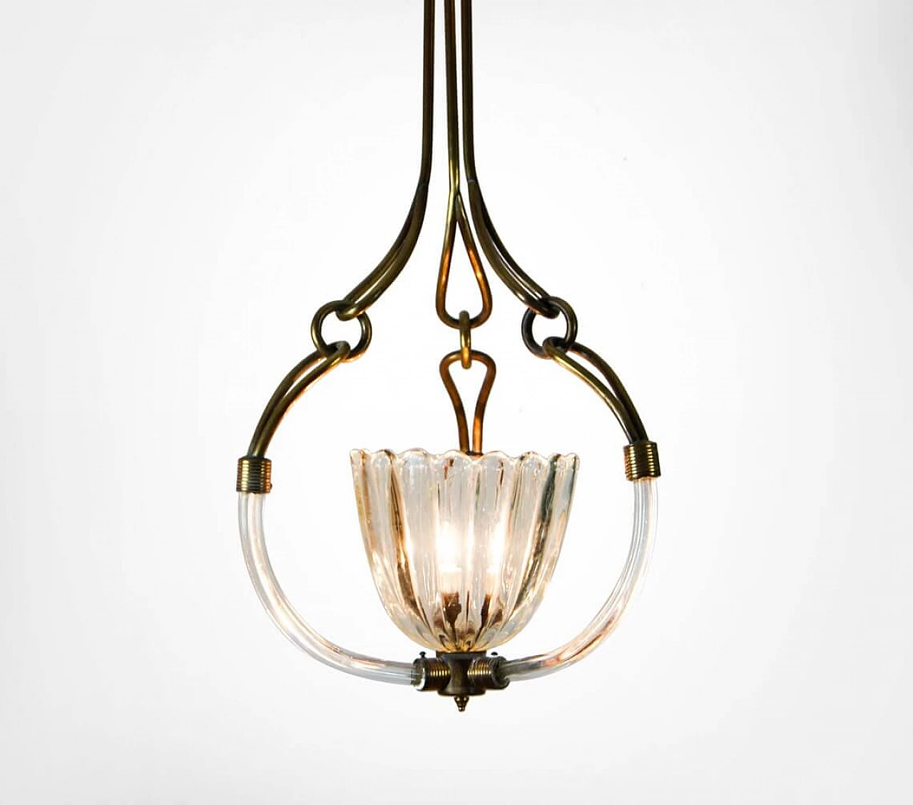 Brutalist chandelier in Murano glass and brass by Barovier and Toso, 30s 1302908