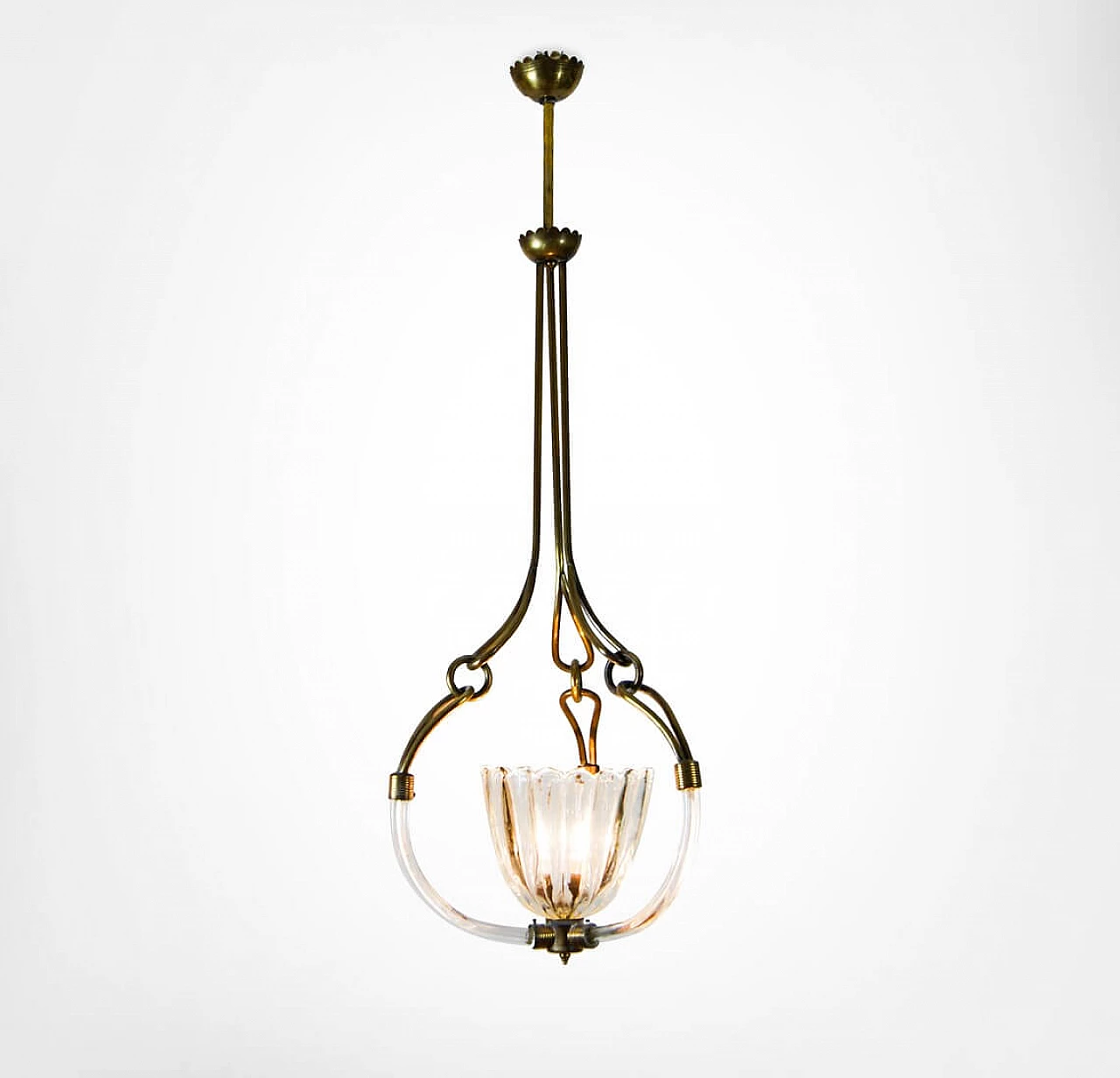 Brutalist chandelier in Murano glass and brass by Barovier and Toso, 30s 1302910