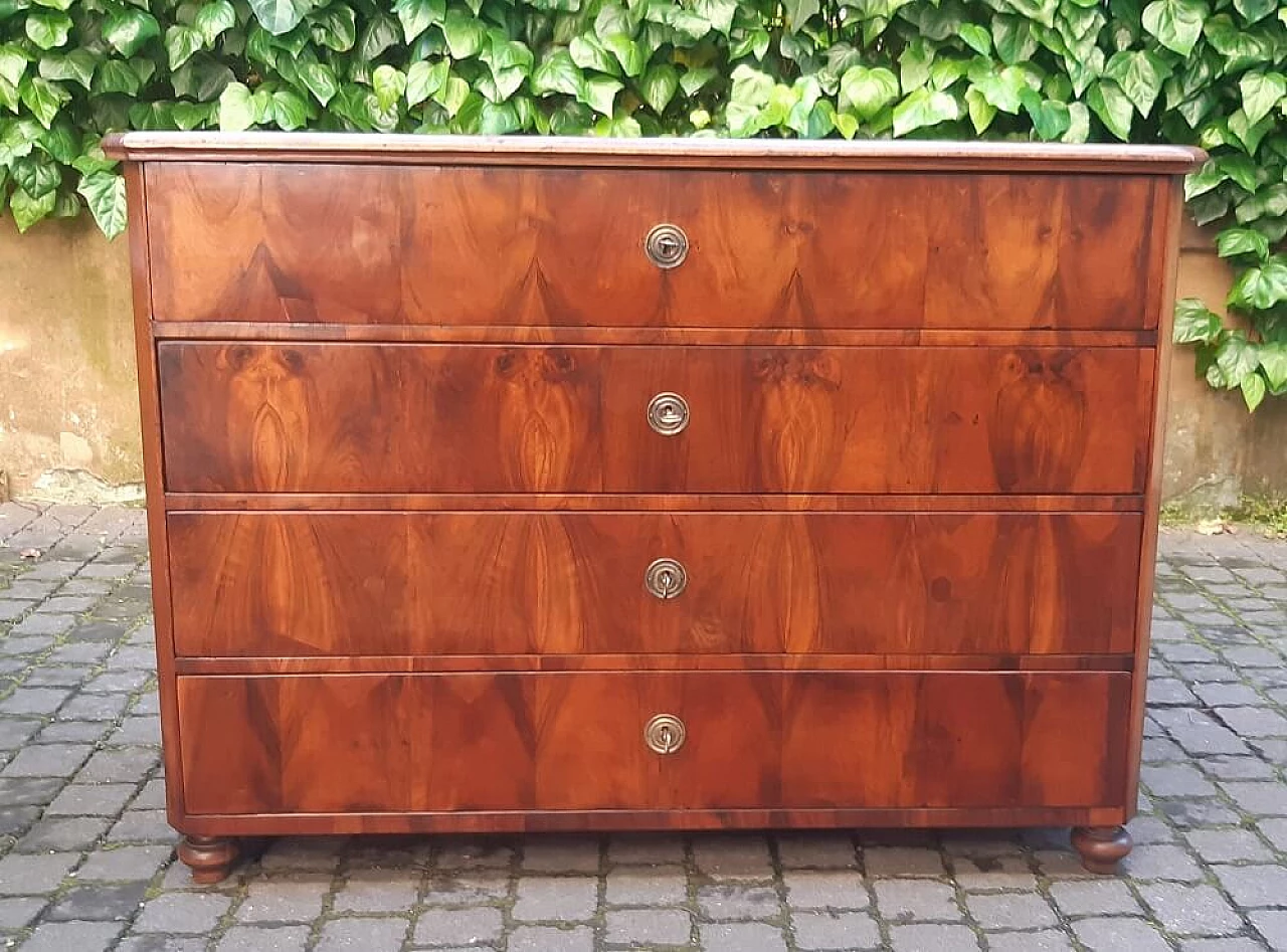 Cassettiera Biedermeier con scrittoio lastronata in noce e radica, '800 1303093