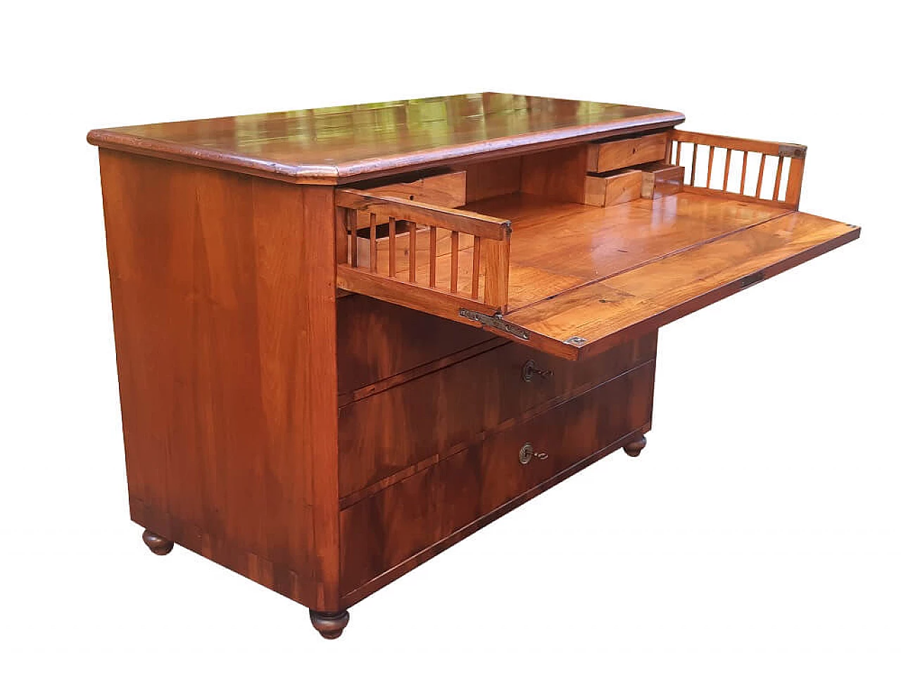 Cassettiera Biedermeier con scrittoio lastronata in noce e radica, '800 1303123