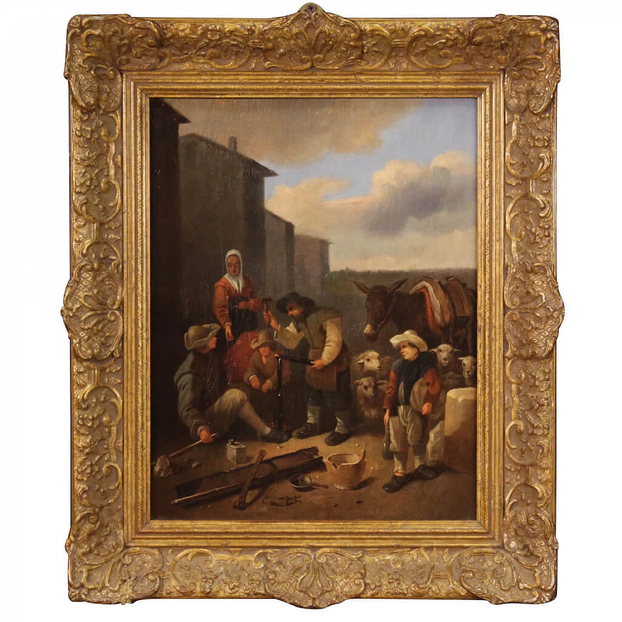 Paesaggio con fabbro e contadini, dipinto fiammingo olio su tavola, seconda metà del '700 1304250