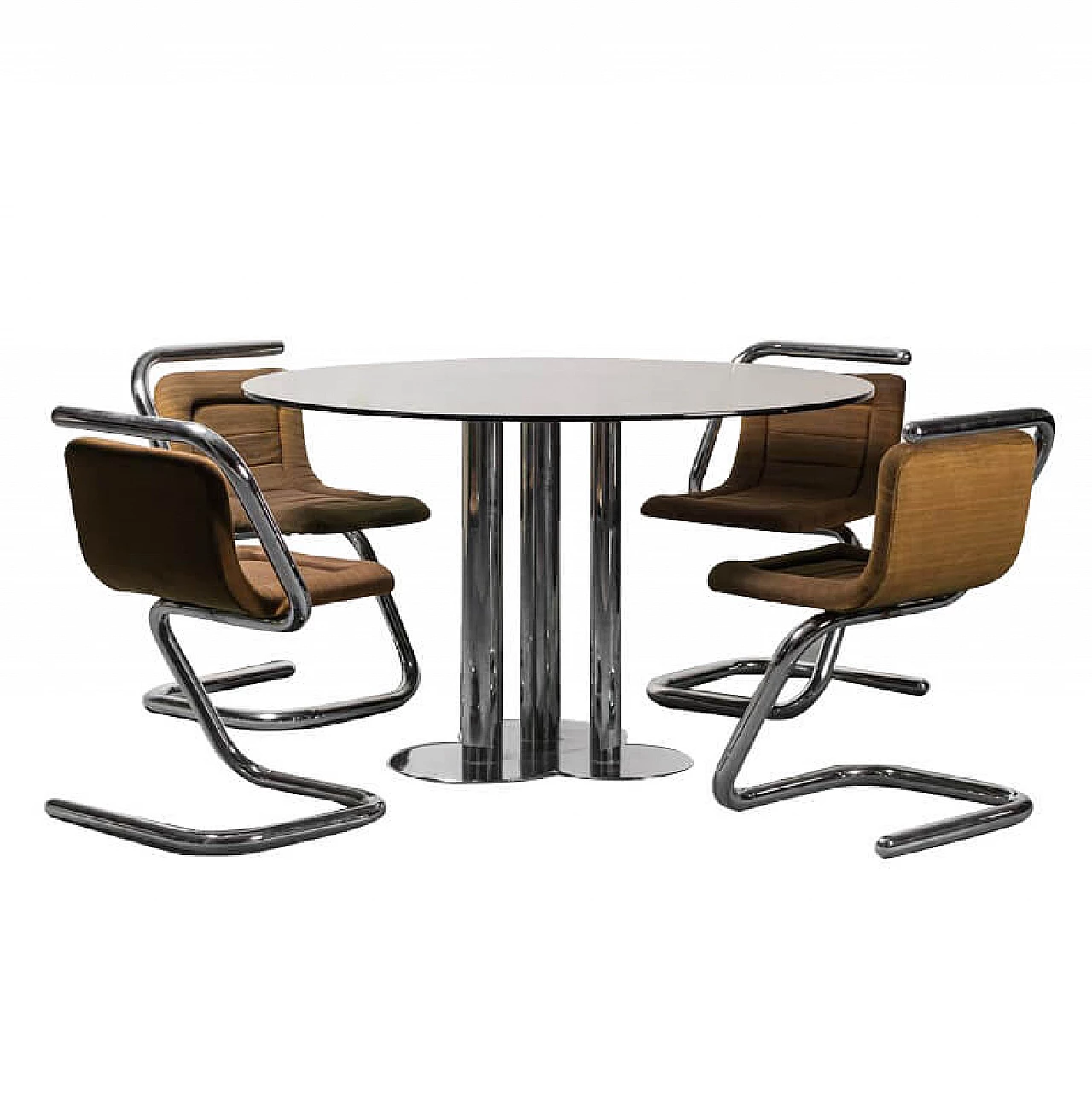 Dining table with smoked glass top and 4 metal chairs, 1970s 1305400