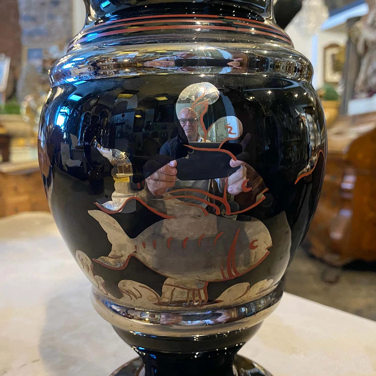 Art Deco vase in black glass with silver decorations, 30s 1305629