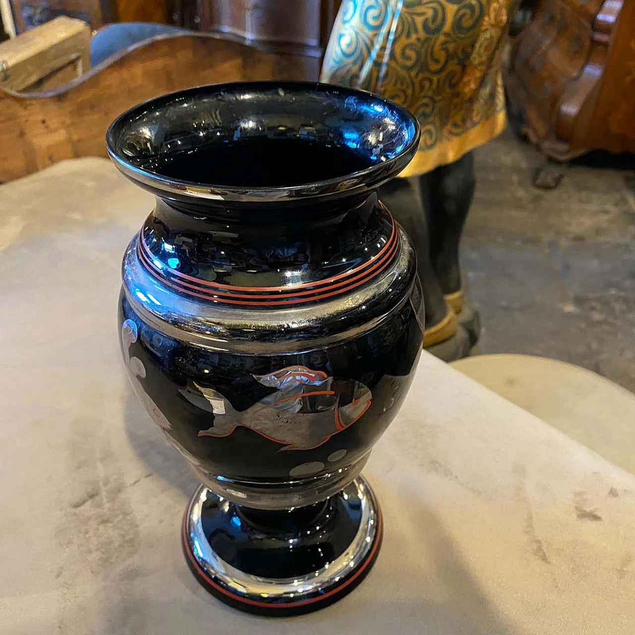 Art Deco vase in black glass with silver decorations, 30s 1305631