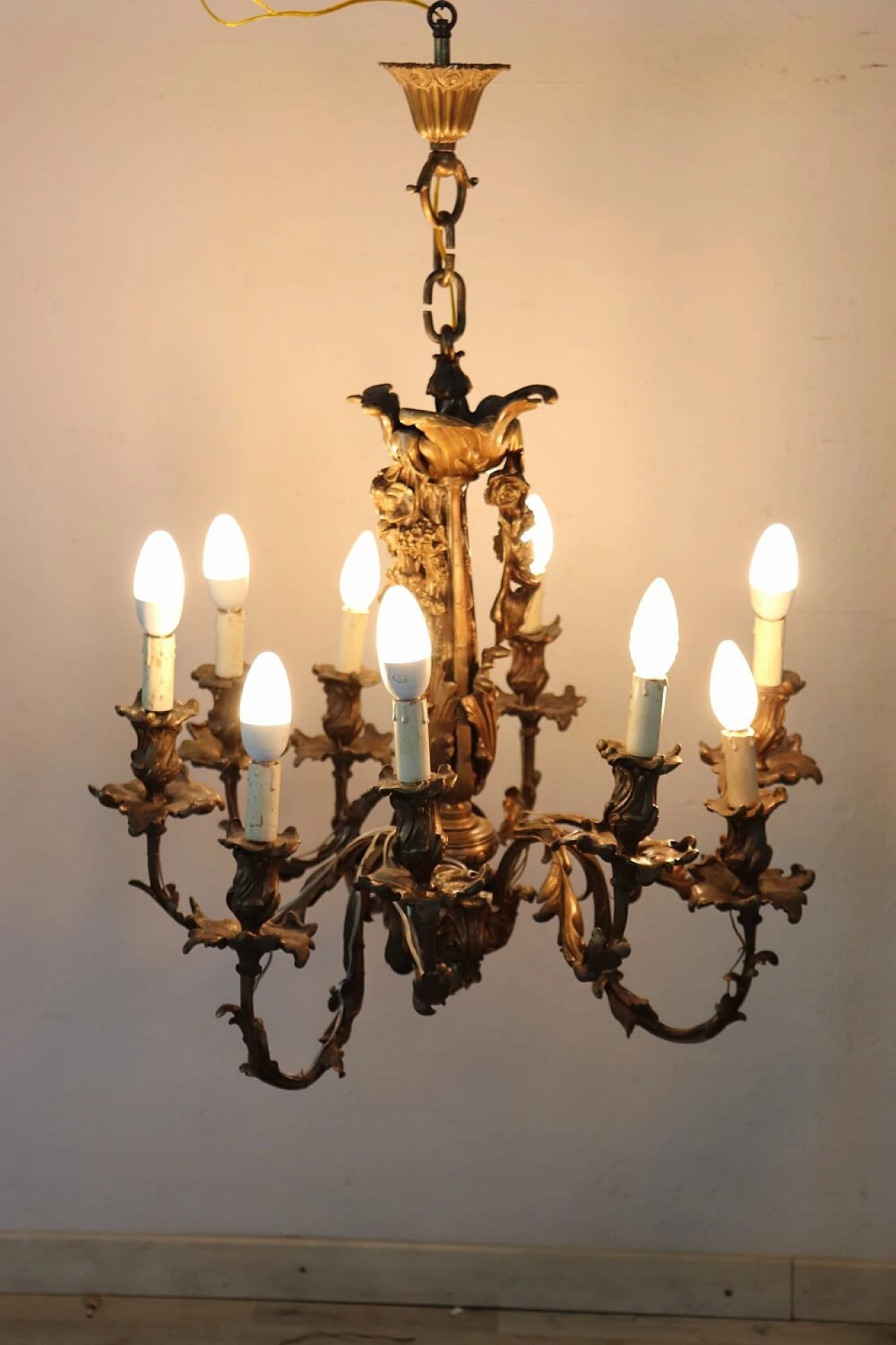 Lampadario in bronzo a nove luci, inizio '900 1305644