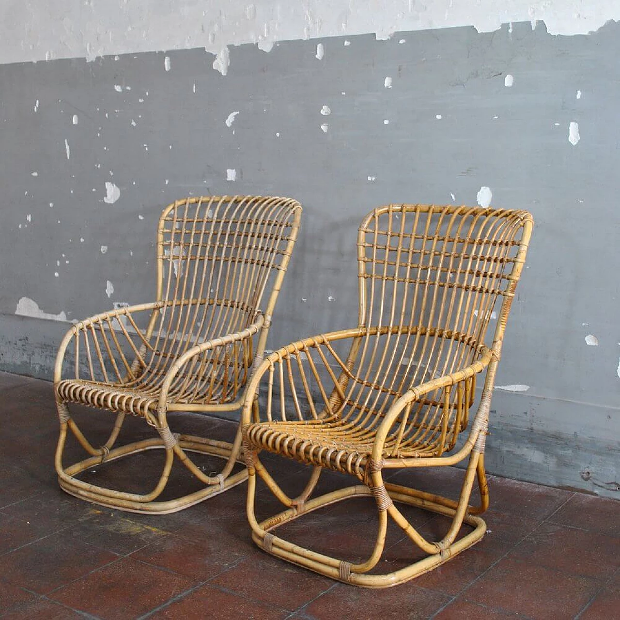 Pair of armchairs in bamboo cane, 60s 1305655