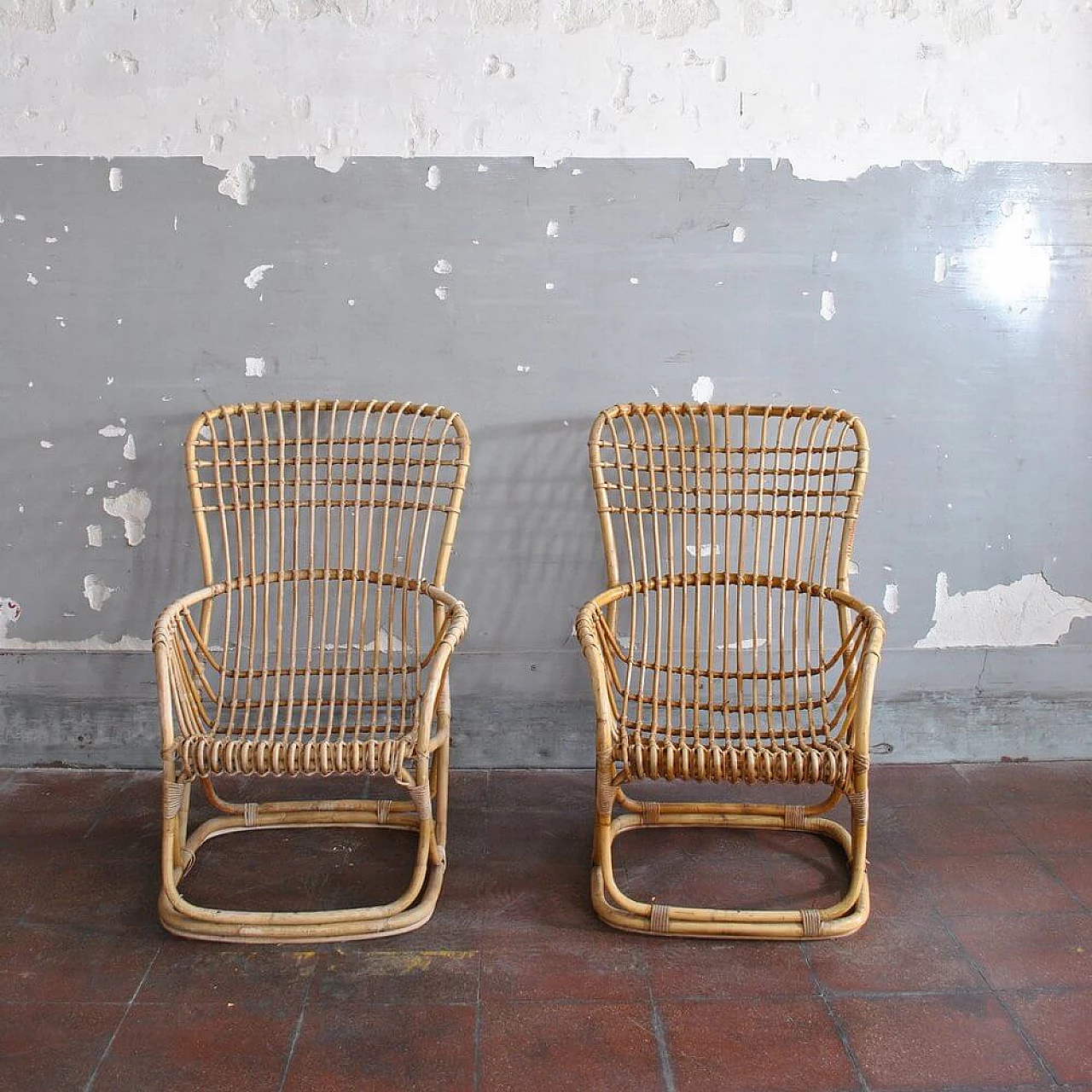 Pair of armchairs in bamboo cane, 60s 1305656