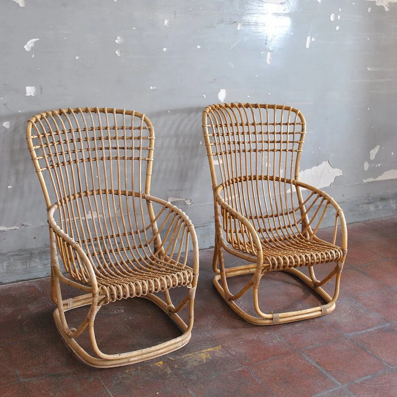 Pair of armchairs in bamboo cane, 60s 1305657