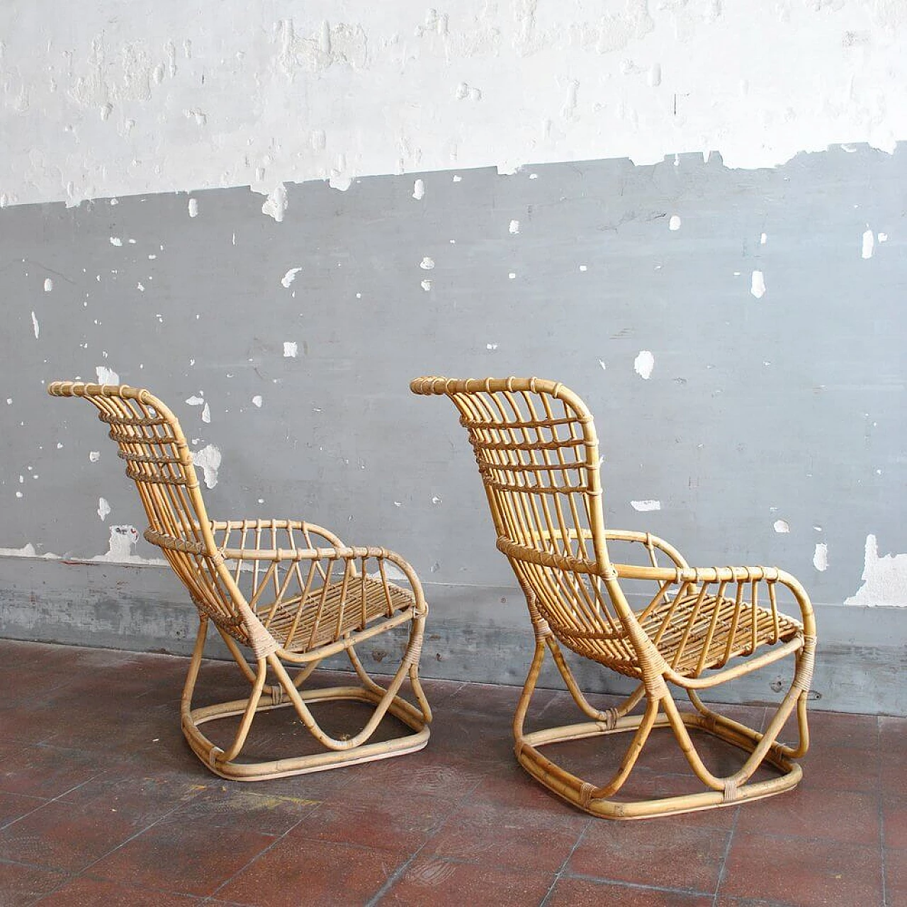 Pair of armchairs in bamboo cane, 60s 1305662